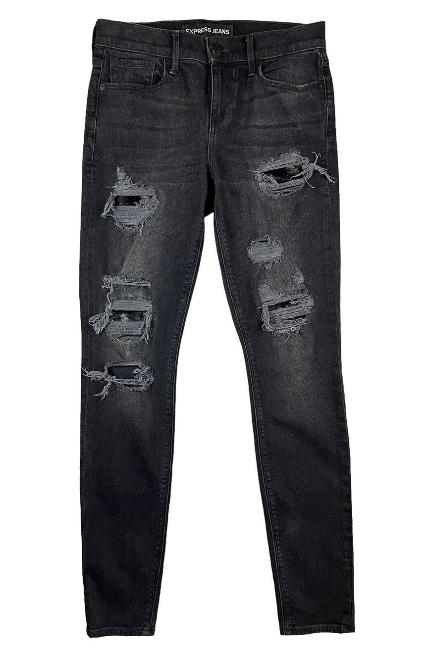EXPRESS Mid-Rise Skinny Black Distressing w Sequins Legging Jeans Size 2